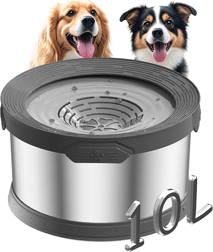 10L Dog Water Bowl No Spill 2.6 Gallon Super Large Capacity Stainless Steel No Splash Dog Bowls 338oz Slow Drinking Feeder with Non-Slip Base Pet Water Dispenser for Dogs-PawvioPets