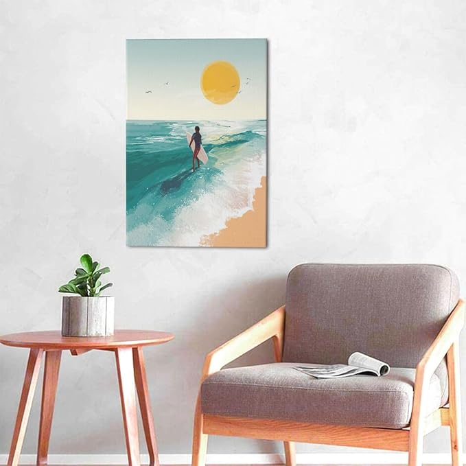 Beach Surfing Wall Art Ocean Coastal Wave Canvas Wall Decor Summer Nature Seascape Pictures Painting Print Framed Artwork Decorations for Bathroom Living Room Office Bedroom 16"x24"-PawvioPets