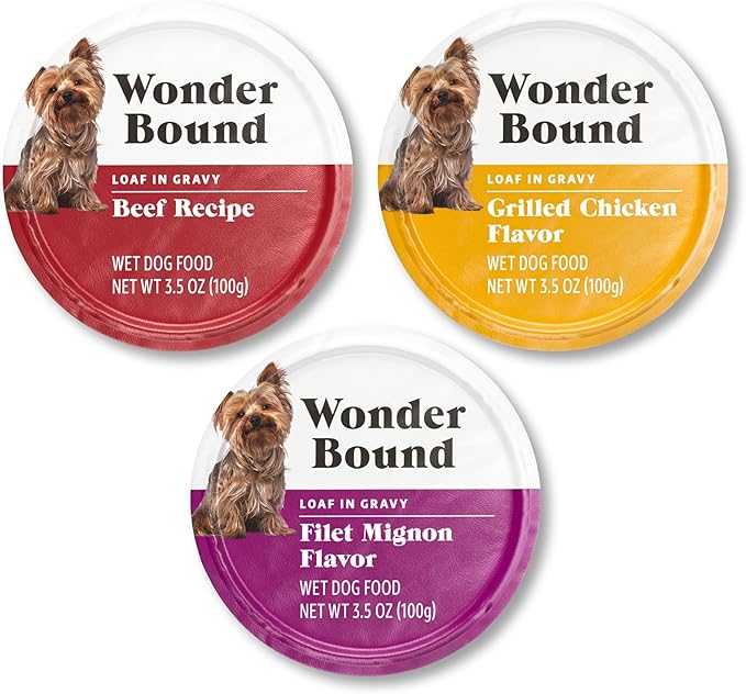 Amazon Brand - Wonder Bound Small Breed Wet Dog Food, Variety Pack (Beef Recipe, Grilled Chicken Flavor, Filet Mignon Flavor), Loaf in Gravy, 3.5 Ounce (Pack of 24)-PawvioPets