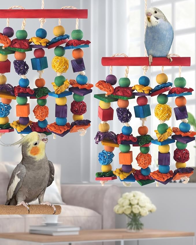 Bird Toys, 2PCS Parrot Foraging Hanging Toy, Multicolored Natural Wooden Blocks Parakeet Chewing Toys mit Rattan Wicker Balls, for Medium Small Cockatoos Budgie Lovebird Cockatiel Conure-PawvioPets