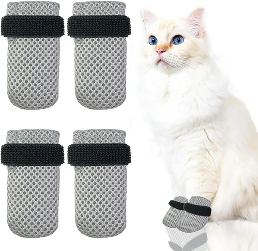 4 PCS Cat Mittens to Prevent Scratching,Mesh Breathable Cat Shoes,Adjustable Cats Anti Scratch Gloves,Suitable for Cats When Bathing and Nail Trimming(XL,Grey)-PawvioPets