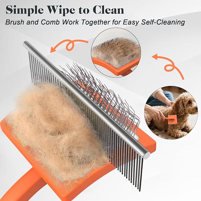2PCS Slicker Brush for Dogs & Pet Comb,Professional Dog Grooming Brush (Goldendoodles,Poodles,Labradoodles) with Extra Long Pins to Effectively Remove Tangles, Knots and Mats (Orange)-PawvioPets