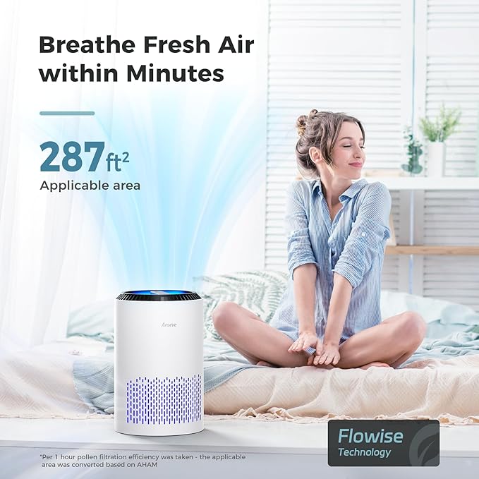AROEVE Air Purifiers for Bedroom Home, 3 Layer Filter for Smoke Pollen Allergies Pet Dander Odor, Sleep Mode for Better Sleep, Energy Saving, 3 Speeds, Timer for Office, Dorm, Kitchen, MK01, White-PawvioPets