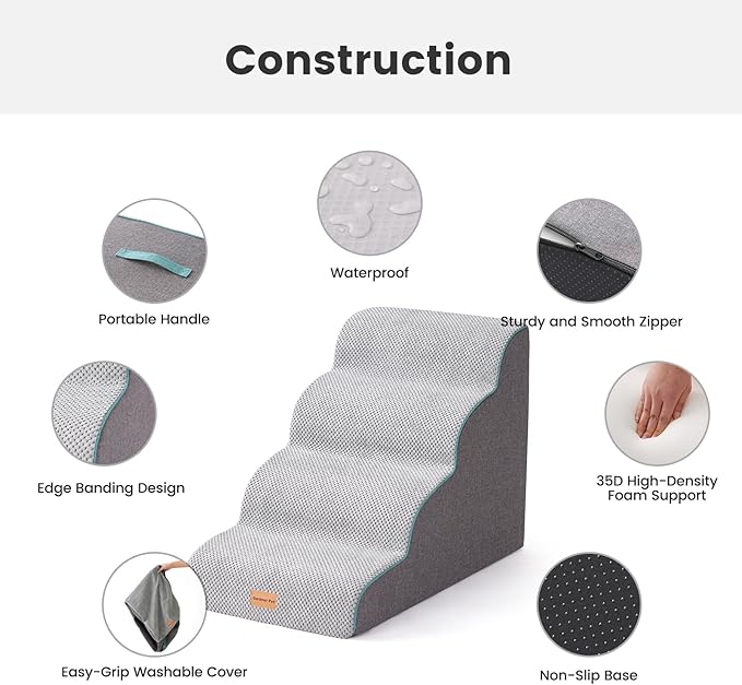 Gardner Pet Dog Stairs for Small Dogs 19.7" H, Curved 4-Step Pet Stairs, Dog Steps for High Bed (18-24 in), Couch with Durable Non-Slip Waterproof Fabric Cover and CertiPUR-US Certified Foam-PawvioPets