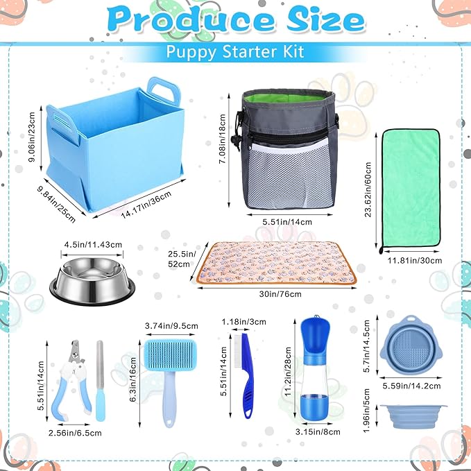 65 Pcs Puppy Supplies Starter Kit Small Dog Essentials Includes Dog Leash, Toys, Bowl, Brushes, Water Bottles, pet Blankets Puppy Accessories for New Welcome Gift Supplies(Cool,Blue)-PawvioPets