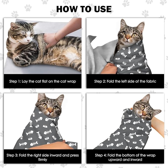 27.6" Cat Grooming Wrap, Self Adhesive Cat Wrap for Cutting Nails, Anti-Escape Calming Cat Swaddle Wrap for Medicine Ear Cleaning, Anti-Scratch Cats Burrito Restraint Blanket, Practical Pet Tool Grey-PawvioPets