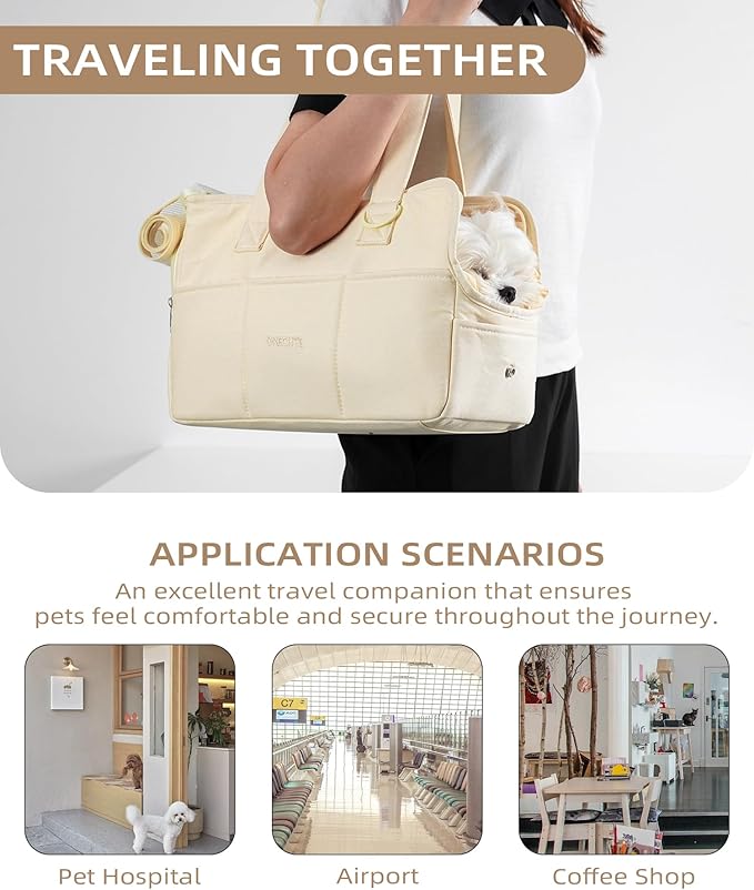 Dog Carrier for Small Dogs Rabbit cat with Large Pockets, Cotton Bag, Dog Carrier Soft Sided, Collapsible Travel Puppy Carrier (Beige, 17" L x 7.5" W x 12" H)-PawvioPets