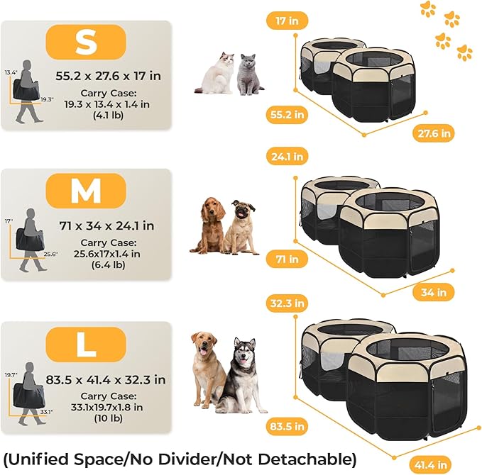 EighteenTek 2-in-1 Pop Up Cat Playpen, Assembly-Free Dog Puppy Pet Playpen, Indoor Outdoor Cats Enclosed, Cat Tent House Crate Cage, Portable & Foldable Playpen for Kittens(No Divider, Unified Space)-PawvioPets