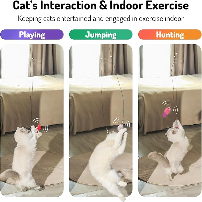 Hanging cat Toys mice with Squeaky Sound 3PCS, Retractable Teaser Toy, Interactive cat Toys for Indoor Bored Kitten Self Play Chase Exercise, Mental Physical Stimulation for All Breeds-PawvioPets