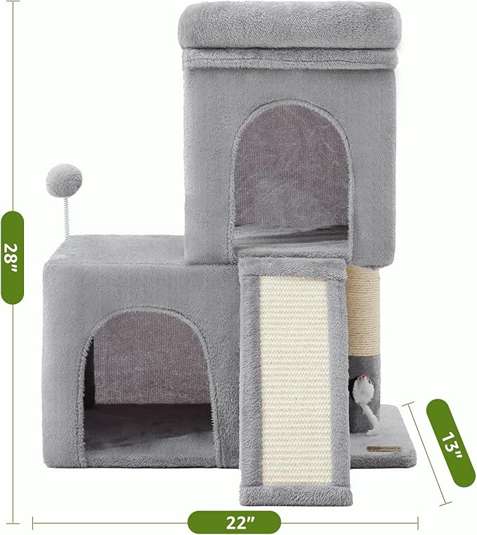 24inch Tall cat Tree with 2 cat condo and Mouse Toy Cozy Small cat Tower with Scratching Post and Board for Kitties and Small Cats.（Light Grey）-PawvioPets