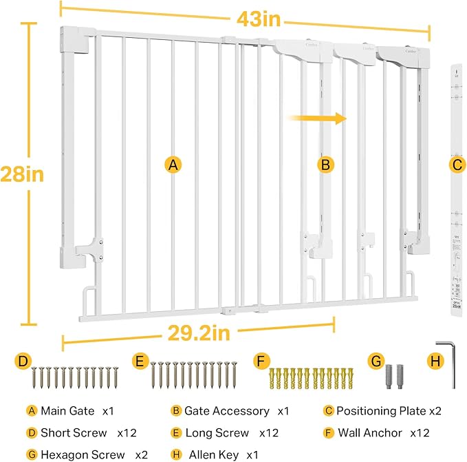 Cumbor 29.2-43" No Bottom Bar Baby Gate for Stairs, 2-in-1 Hardware Mounted Dog Gate Indoor, Auto Close Pet Gate for Doorways with Large Walk Thru Door, Wide Child-Proof Safety Gates for Kids (White)-PawvioPets