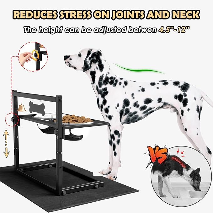 Elevated Dog Bowls with Slow Feeder and Spill Proof Mat, Adjustable Height 4.3-11.8'', Two 1.7L Stainless Steel Food & Water Bowls, Metal Raised Dog Bowl Stand, for Large Medium Breeds-PawvioPets