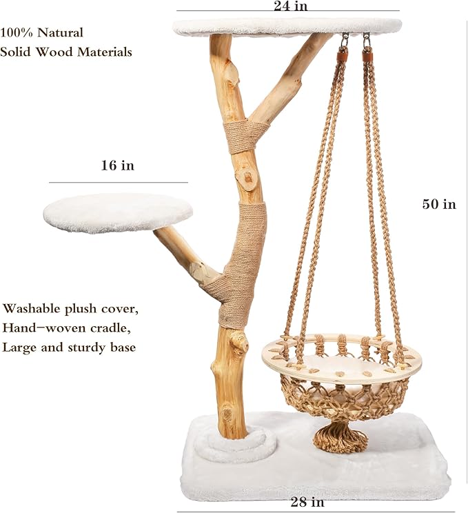50" Tall Cat Tree Tower, Modern Cat Tree for Indoor Cats, Washable Wooden Perchs and Climbers for Large Cats, Cute Cat Furniture with Unique Cat Swing-PawvioPets