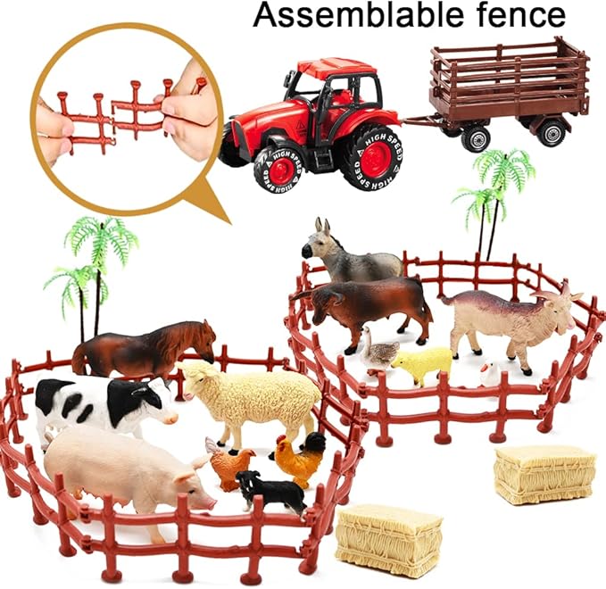 3 Pack Farm Toy Tractor with 40pcs Plastic Animals Figurines and Fence Playset, Farm Figures Farmer Vehicle Toy Truck with Trailer for 3-12 Years Old Kids Boys Girls Toddlers-PawvioPets