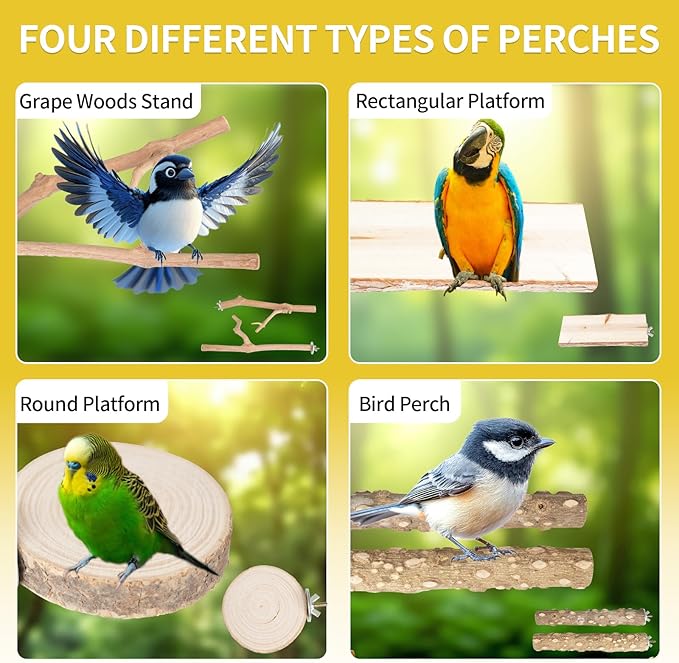 Bird Perches, 6PCS Natural Wood Birds Perch Stand Set, Parakeet Toys, Bird Cage Accessories, Stand & Toys for Parakeets, Cockatiels, Conure, Budgies-PawvioPets