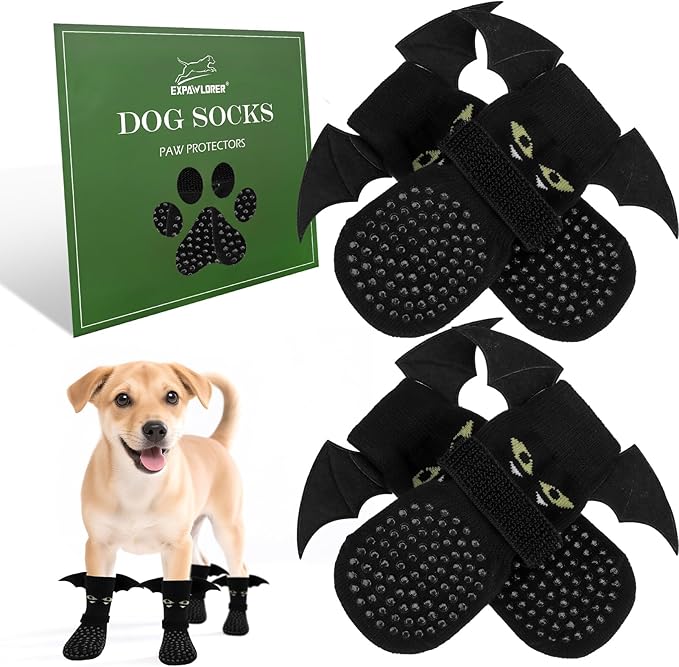 EXPAWLORER Halloween Anti Slip Dog Socks to Prevent Licking Paws, Boots & Paw Protectors with Grippers,Doggie Booties for Hardwood Floors for Small Medium Large Senior Dogs Costume Black Devil Wings S-PawvioPets