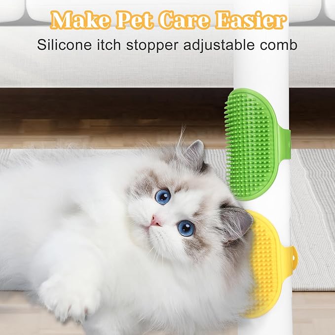 4Pcs Adjustable Cat Self Groomer, Silicone Cat Brushes for Indoor Cats Grooming Self Cleaning, Cats Face Scratchers Massager for Corner Scratcher, Pet Supplies (Green & Yellow)-PawvioPets