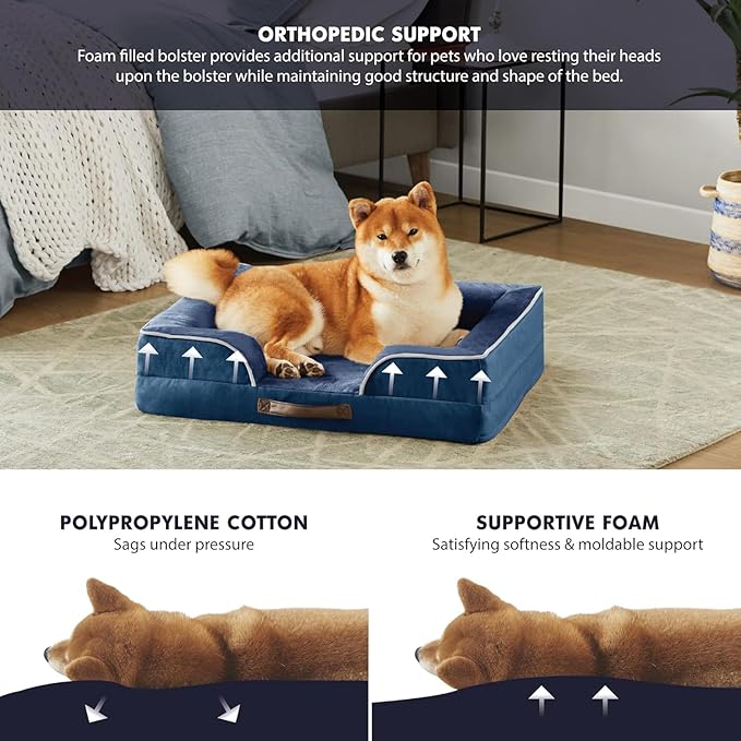 Friends Forever Orthopedic Dog Bed for Medium Dogs, Waterproof Memory Foam Dog Sofa Bed M with Removable Washable Cover, Ally Navy, 28x23x6.5-PawvioPets