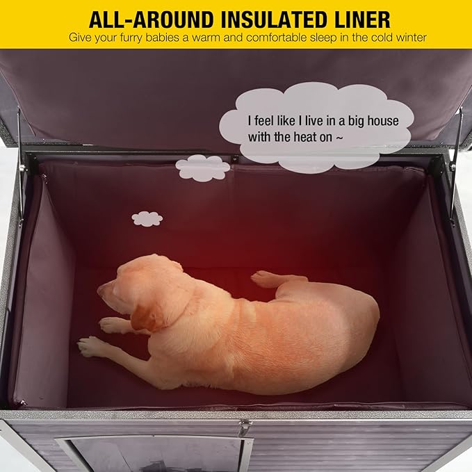 Aivituvin Dog House with Insulated Liner, Outdoor Indoor Weatherproof Dog House for Winter, Suitable for Small & Medium & Large Dogs with Unique All-Around Iron Frame(Grey)-PawvioPets