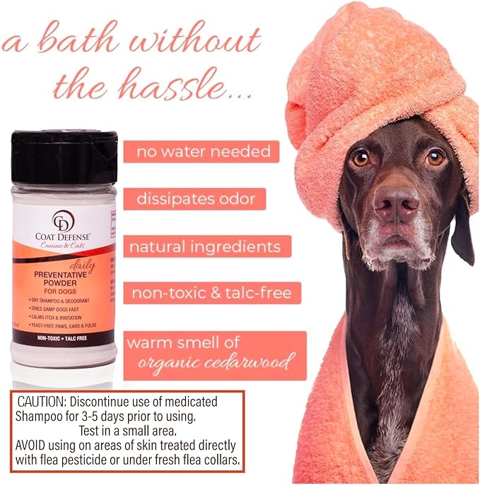 COAT DEFENSE Preventative Powder | Made in USA | 3.5oz Waterless Dog Shampoo & Pet Deodorizer for Smelly Dogs | Provides Anti Itch Relief | Dog Shampoo for Dry Itchy Skin & Smelly Dogs-PawvioPets