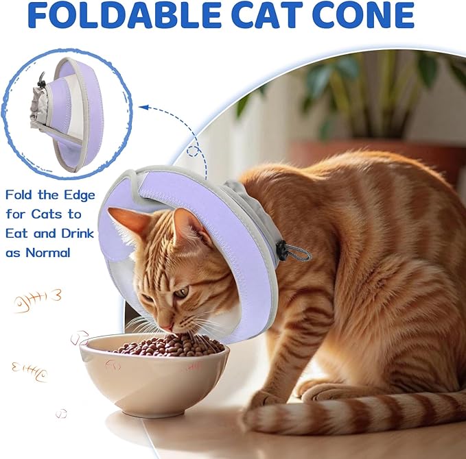 Breathable Air Mesh Cat Cone Collar Soft to Stop Licking, Adjustable, Foldable Lightweight Kitten Cones After Surgery Recovery for Cats & Kittens (Light Purple, S)-PawvioPets