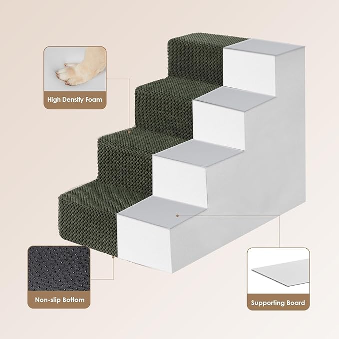 EHEYCIGA Dog Stairs for Bed 18" H, 4-Step Dog Steps for High Bed, Pet Steps for Small Dogs and Cats, Non-Slip Balanced Pet Ramp Indoor, Olive Green-PawvioPets