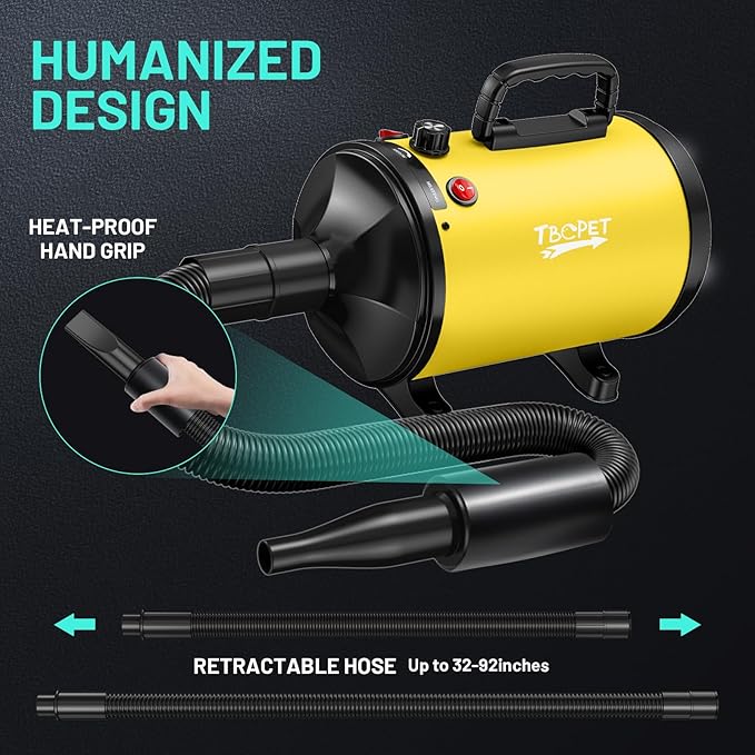 Dog Dryer High Velocity Dog Hair Dryer with 4 Nozzles 5.2HP/3800W (Professional Super Cyclone), Stepless Adjustable Speed Temperature Dogs Grooming Blow Dryer with Heater for Pets Hair Dryer, Yellow-PawvioPets