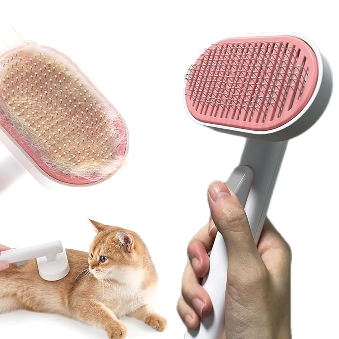 Cat Brush With Release Button - Self-Cleaning Sliker for Indoor Short Cats, Effortless Hair Removal, Gentle on Skin, Grooming for Shedding and Loose Fur-PawvioPets