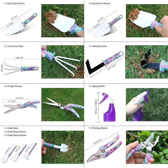 Garden Tools Set, 11 Pieces Gardening Gifts with Purple Floral Print, Ergonomic Handle, Trowel, Rake, Shovels, Pruner, Shears, Sprayer, Gloves, Garden Hand Tools with Carrying Case-PawvioPets