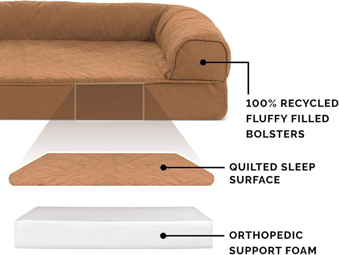 Furhaven Orthopedic Dog Bed for Large Dogs w/ Removable Bolsters & Washable Cover, For Dogs Up to 125 lbs - Quilted Sofa - Toasted Brown, Jumbo Plus/XXL-PawvioPets