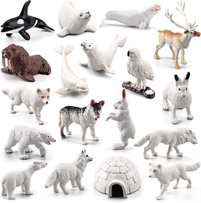 18pcs Arctic Animal Figures, Realistic Arctic Animals Toy Figurines Set with Arctic Fox Wolf Polar Bear Reindeer Figures for Kids, Miniature Toys Cake Topper Birthday Gift-PawvioPets