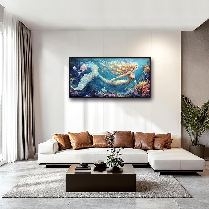 Extra Large Framed Mermaid Wall Art,Oversized Undersea Ocean Wall Decor,Colorful Coral Reefs Pictures for Living Room,Elegant Canvas Print Painting Modern Artwork Bedroom Bathroom 60L x 30W-PawvioPets