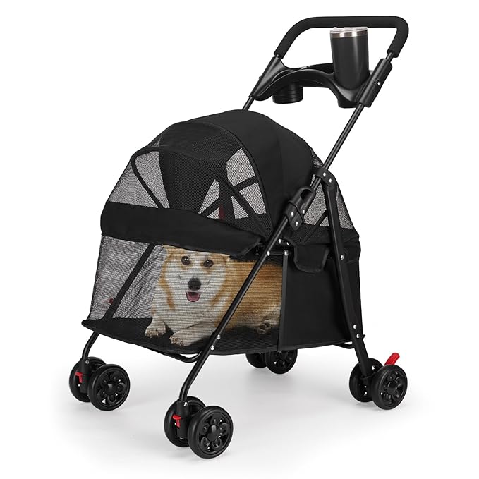 Foldable Pet Stroller for Small/Medium Pets up to 22 lbs - Lightweight 4-Wheel Design with Sun Canopy, Storage Bag & Breathable Mesh-PawvioPets
