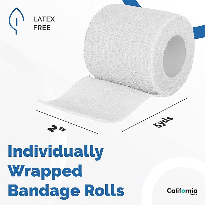 California Basics Self Adhesive Bandage Wrap - Self Adhering Non Woven Cohesive Bandage Rolls - Stretch Wrap - Multi Colored Athletic Tape for Wrist - Waterproof (2 inch- 12 Pack- White)-PawvioPets
