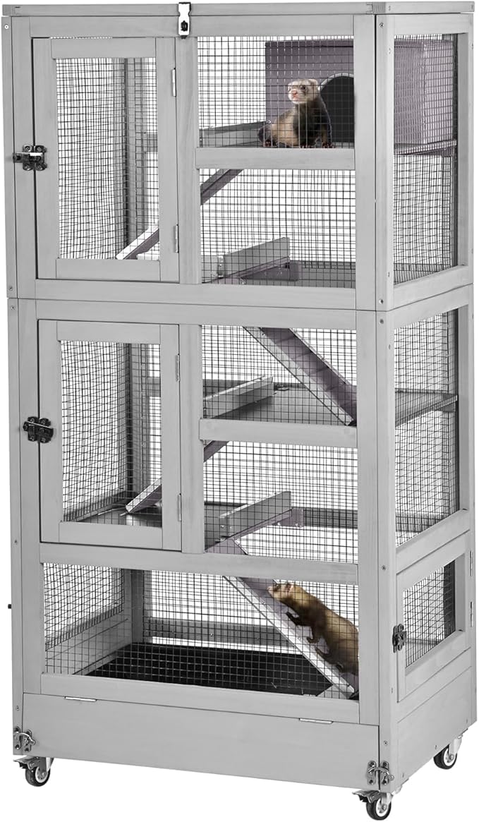 Ferret Cage Rat Cage Indoor Outdoor, Large Guinea Pig Cages with 5 Levels, Wooden Chinchilla Cage with Wheels for Hamster, Chameleon, Gerbils and Other Small Animals Anti-Chewing-PawvioPets