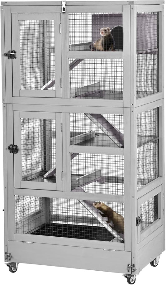 Ferret Cage Rat Cage Indoor Outdoor, Large Guinea Pig Cages with 5 Levels, Wooden Chinchilla Cage with Wheels for Hamster, Chameleon, Gerbils and Other Small Animals Anti-Chewing-PawvioPets