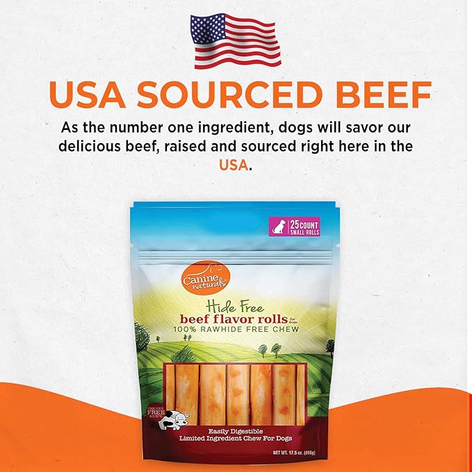 Canine Naturals Beef Chew - Rawhide Free Dog Treats - Made with Real Beef - Poultry Free Recipe - All-Natural and Easily Digestible - 5 Pack of 7 Inch Large Rolls for Dogs 50-75lb-PawvioPets