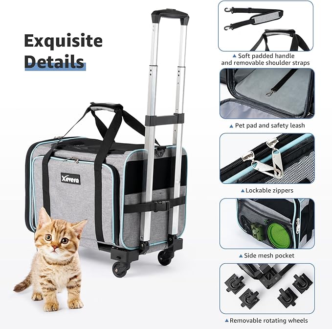 Cat Dog Carrier with Wheels, Expandable Rolling Soft-Sided Carrier for Small Cats and Dogs Under 25 LBS, Pet Carrier on Wheels with Locking Safety Zippers and Anti-Scratch Mesh (Grey)-PawvioPets