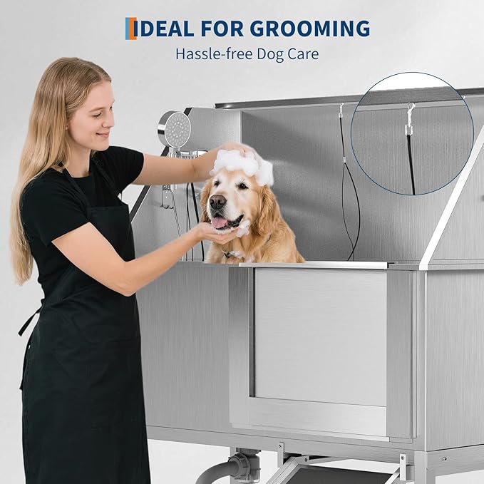 50" Stainless Steel Professional Dog Washing Station - Pet Bathing Tub w/Non-Slip Ramps | Slip-Resistant Floor Grate | for Large/Medium/Small Dogs-PawvioPets