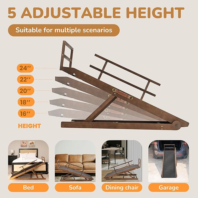 Dog Ramp for Bed, Adjustable Pet Ramps for Dog to Get on Bed, Non-Slip Rubber Surface - Folding Wooden Dog Ramp for Small/Large/Old Dogs, Adjustable up to 23.5 inch High Beds, Safety Railings-PawvioPets