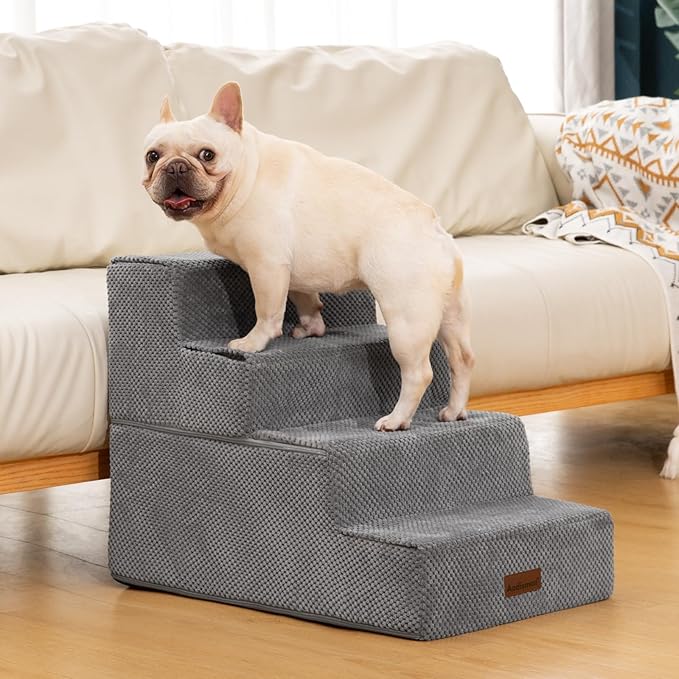 Dog Stairs for Bed 18.5" H, 4-Step Dog Steps for Small Dogs and Cats, Indoor Non-Slip Balanced Pet Stairs are Suitable for Puppy, Older Cat,Gery-PawvioPets