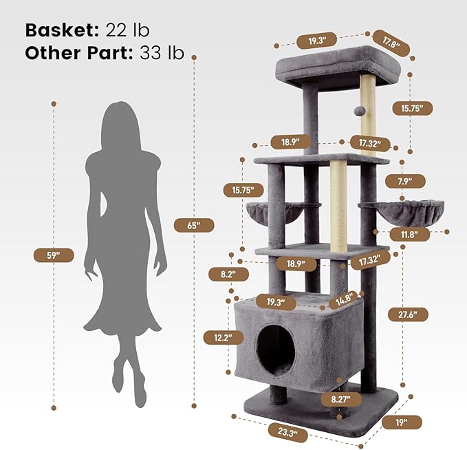 Gardner Pet 65in Heavy Duty Cat Tree Tower for Large Cats, Multi-Level Cat Furniture with Replaceable Sisal Scratching Post, Hammock | Extra-Large Platform & Condo (Grey)-PawvioPets