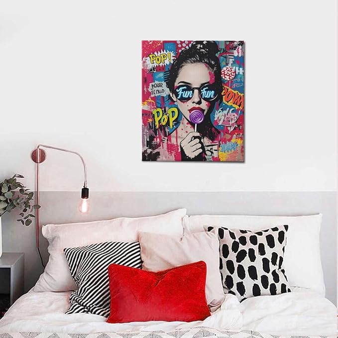 Fashion Women Wall Art Glam Modern Artwork for Girls Banksy Street Graffiti Pop Art Canvas Pictures Painting Print Framed Decorations Gifts for Bedroom Living Room Office 20"x24"-PawvioPets