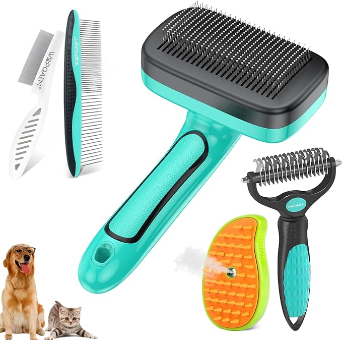 Dog Brush for Shedding Short Long Haired Cats, 5 in 1 Pet Grooming Kit for Small Medium & Large Animals. Removes Loose Fur, Mats, Tangled. Easy Cleaning. Undercoat Rake + Steam Brush Included-PawvioPets