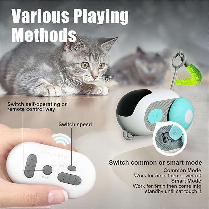 1pc Interactive Automatic Remote Control Cat Mice Car Toy and 1pc Smart Electric Moving Speedy Cat Ball Toy with Feather Tail, Suitable for Dogs, Keep Busy, Stimulating, Rechargeable (Blue)-PawvioPets