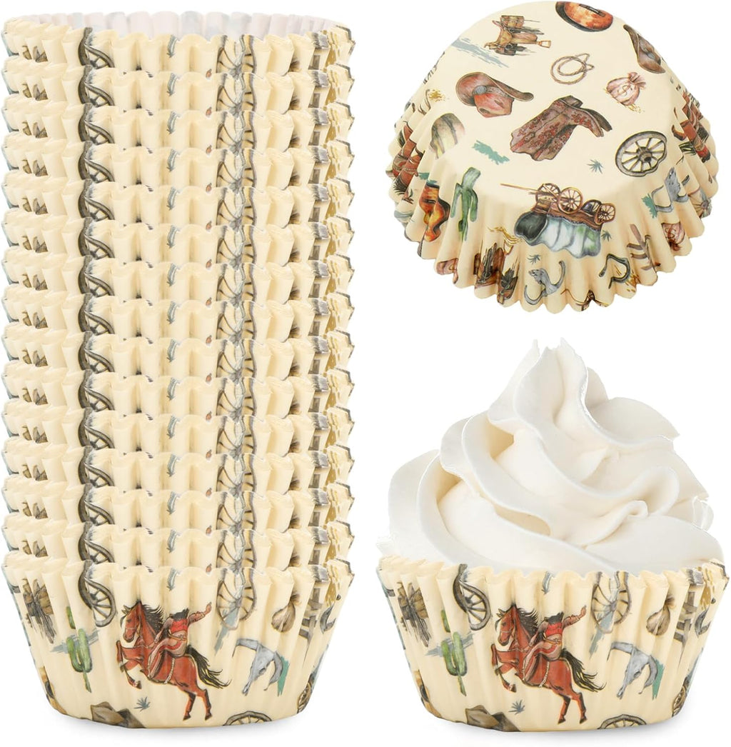 Whaline 300Pcs Western Cowboy Cupcake Liners Western Theme Paper Baking Cup Retro Wild West Cowboy Horse Muffin Liner Wrapper 2 x 1.2 Inch Cake Storage Container for Baby Shower Birthday Party