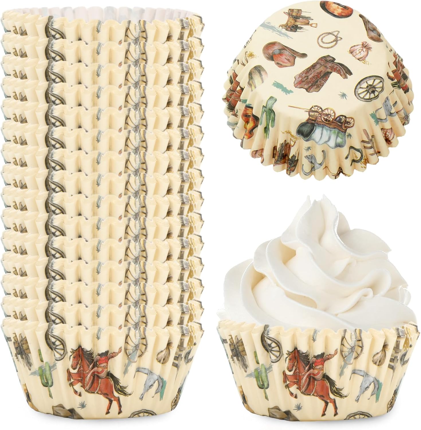 Whaline 300Pcs Western Cowboy Cupcake Liners Western Theme Paper Baking Cup Retro Wild West Cowboy Horse Muffin Liner Wrapper 2 x 1.2 Inch Cake Storage Container for Baby Shower Birthday Party
