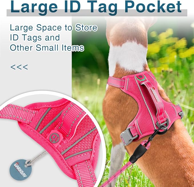 BARKBAY Dog Harness No Pull with ID Tag Pocket - Heavy Duty, Reflective, Easy Control for Large Dogs(Pink,M)-PawvioPets