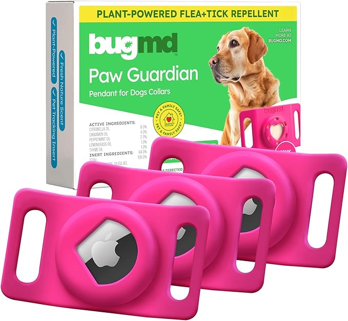 BugMD Paw Guardian Flea & Tick Pendant (3-Pack) with AirTag Holder – Plant-Based Flea & Tick Prevention for Dogs – Pet Collar Tag & GPS Tracker Holder for Dogs – Pink-PawvioPets