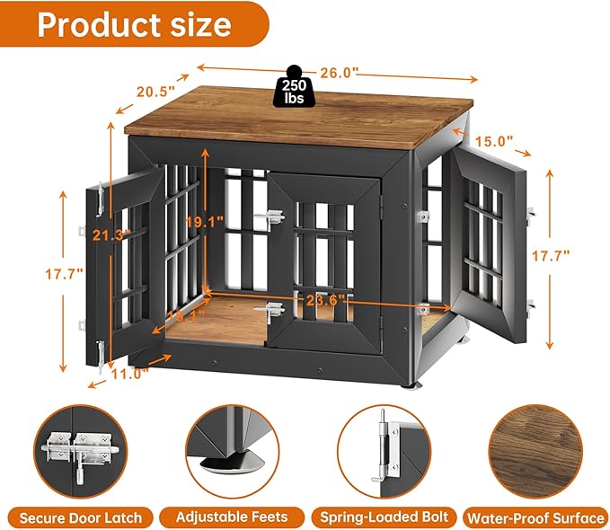 26" Heavy Duty Dog Crate Furniture for Small,Medium and Large Dogs,Rustic Wooden Dog Cage Kennel Indoor Furniture with Waterproof Top,Decorative Pet House Side End Table (Black & Wood)-PawvioPets